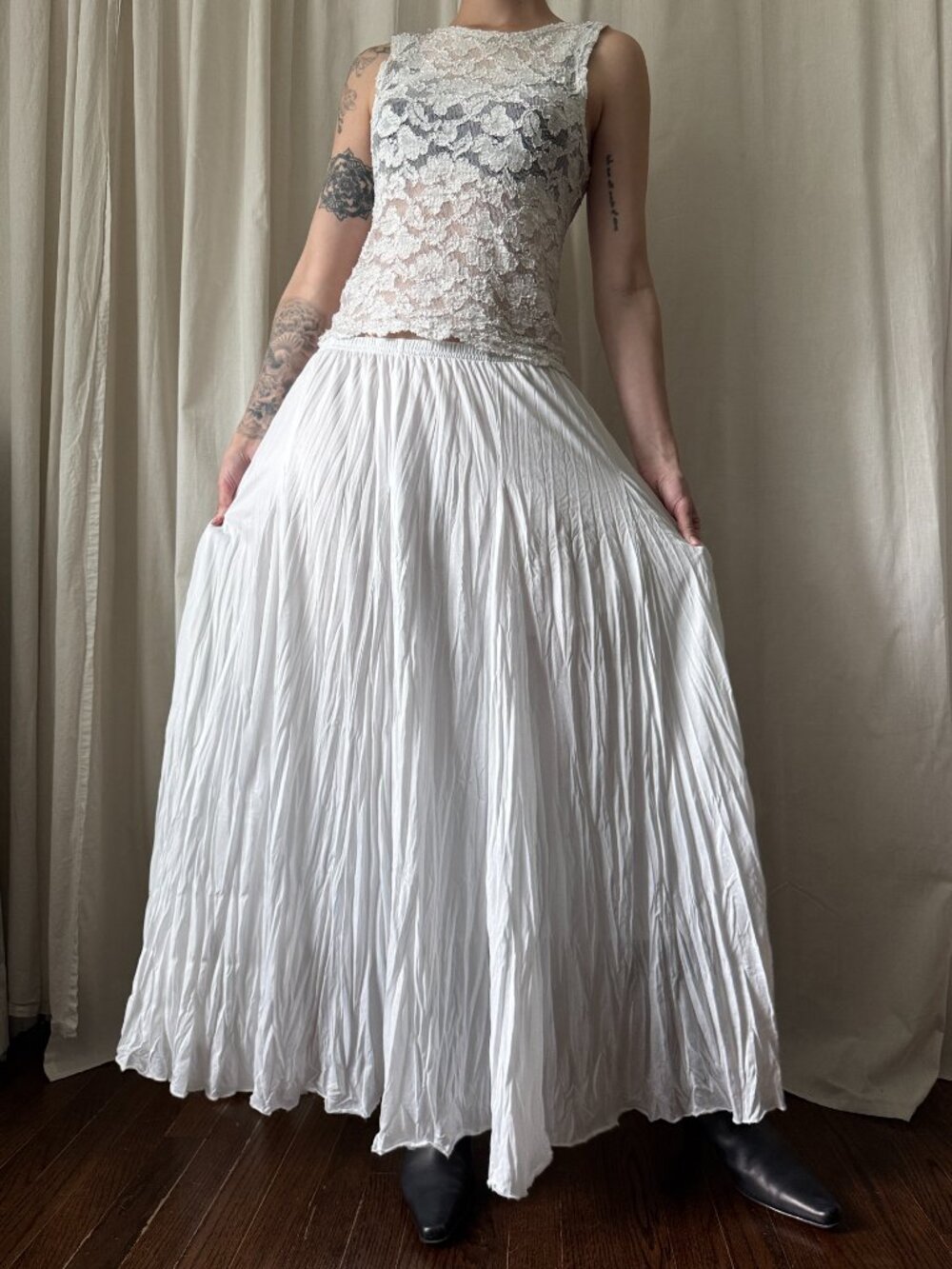 GNW White Crinkle Maxi Skirt Women's Size Large | Boho Cottagecore Prairie Skirt
